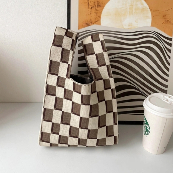 #642 167-I 🛑22 Stylish Checkered Tote Bag Checkered Brown & Cream Tote Bag - Picture 1 of 1